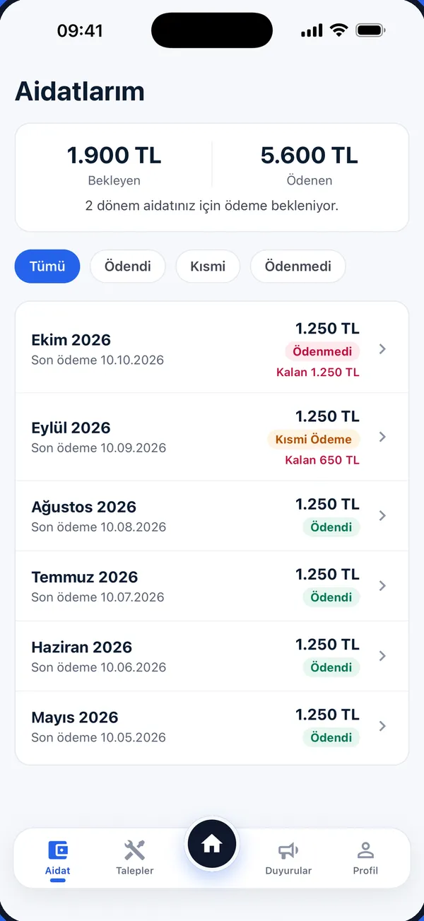 Aidat geçmişi ekranı: ödendi, kısmi ve ödenmedi olarak filtrelenmiş dönemler