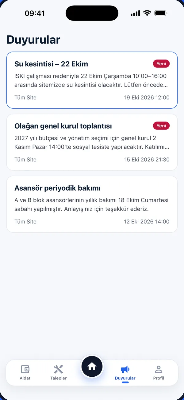 Duyurular ekranı: su kesintisi ve genel kurul duyuruları