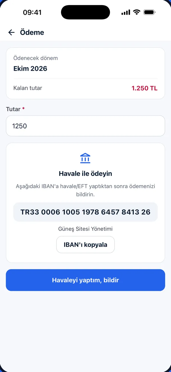 Havale ile ödeme ekranı: yönetimin IBAN bilgisi ve ödeme bildirimi