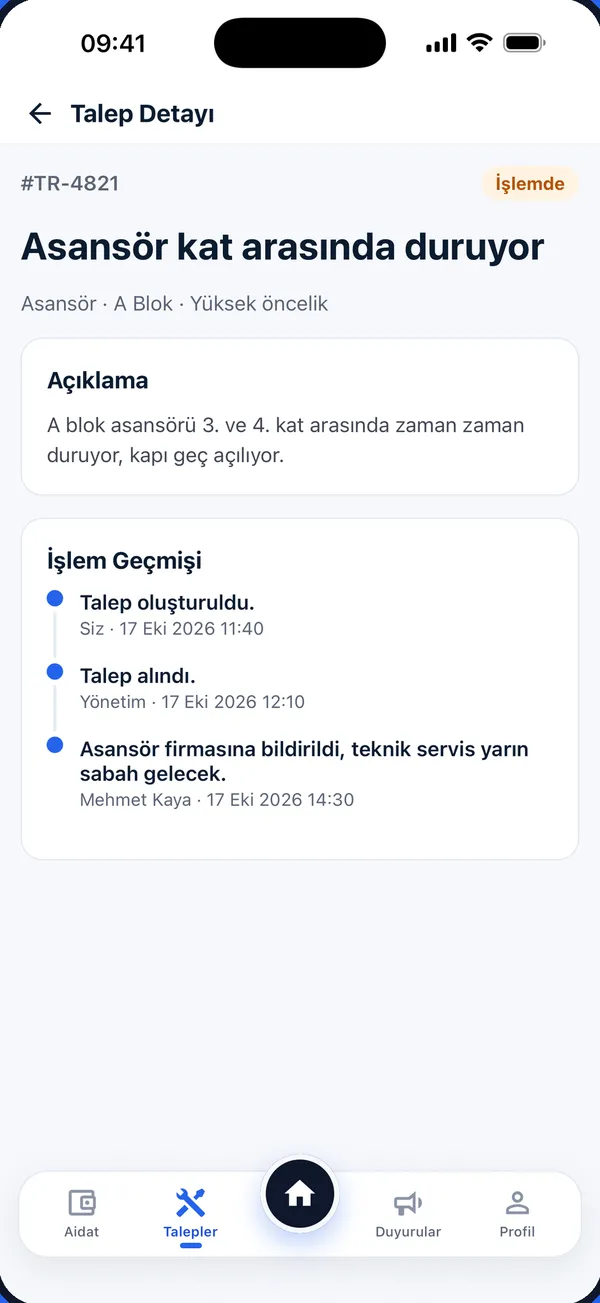 Talep detayı: durum adımları ve yönetimin notları