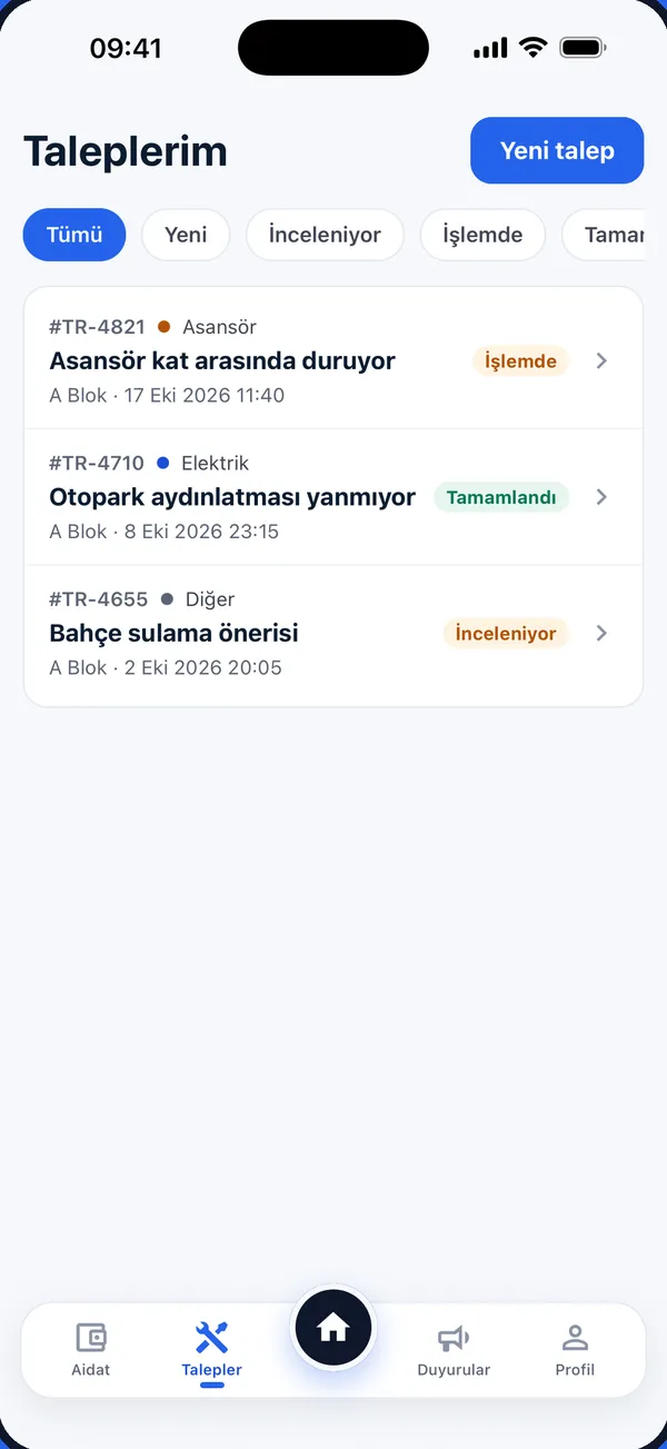 Talepler ekranı: arıza ve bakım taleplerinin durumları